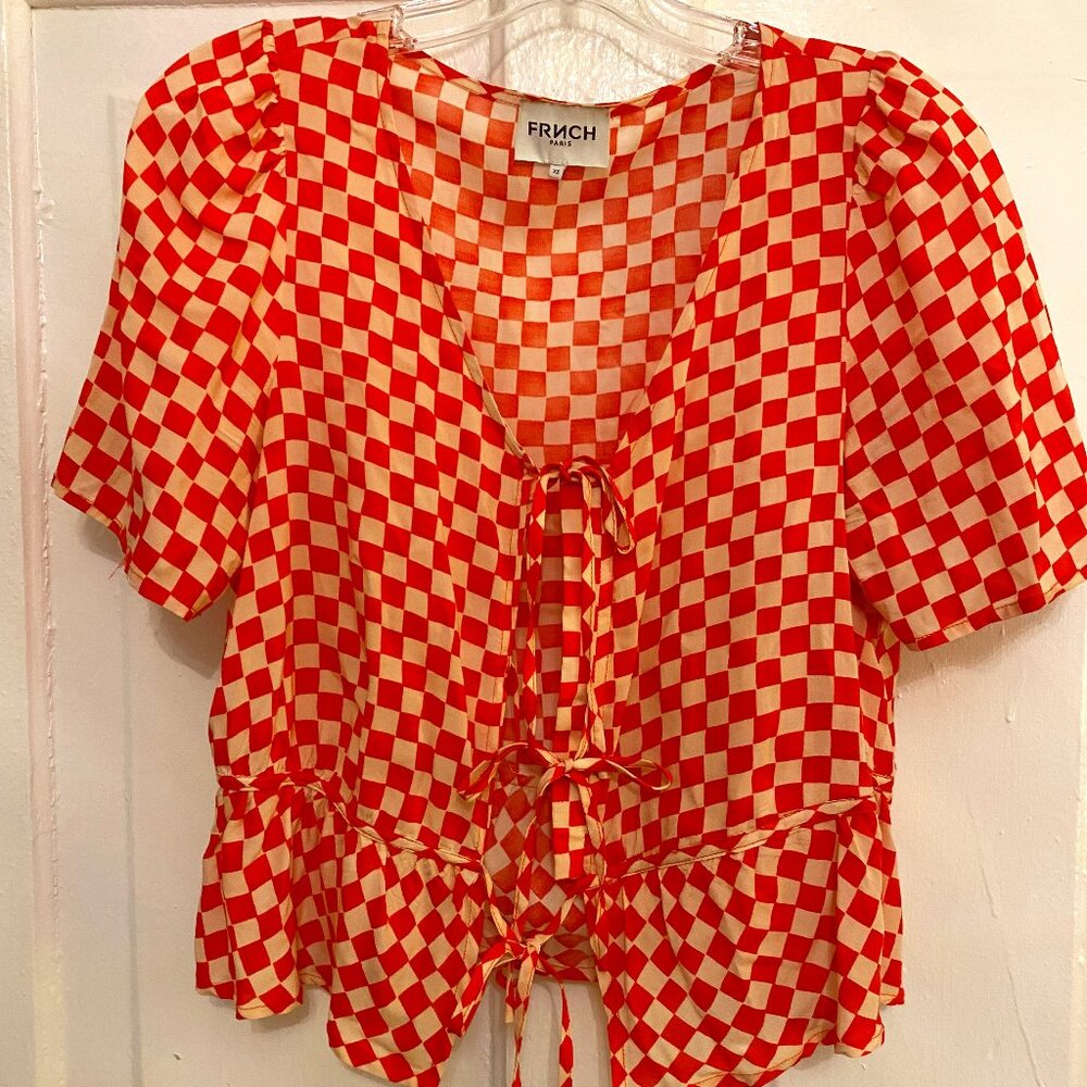 FRNCH Red and Cream Wavy Checkered Print Silky Tie Up Top